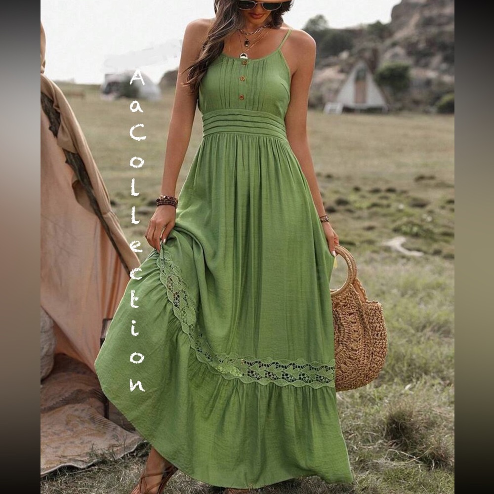 Boho Sheer Mesh Floral Lace Cami Tank Top Maxi Dress Green - Picture 3 of 4